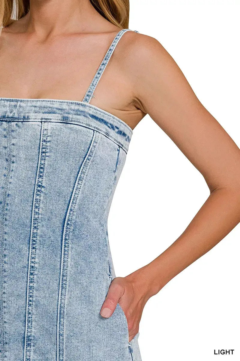 Zenana Spaghetti Strap Exposed Seam Light-Wash Dress by Zenana