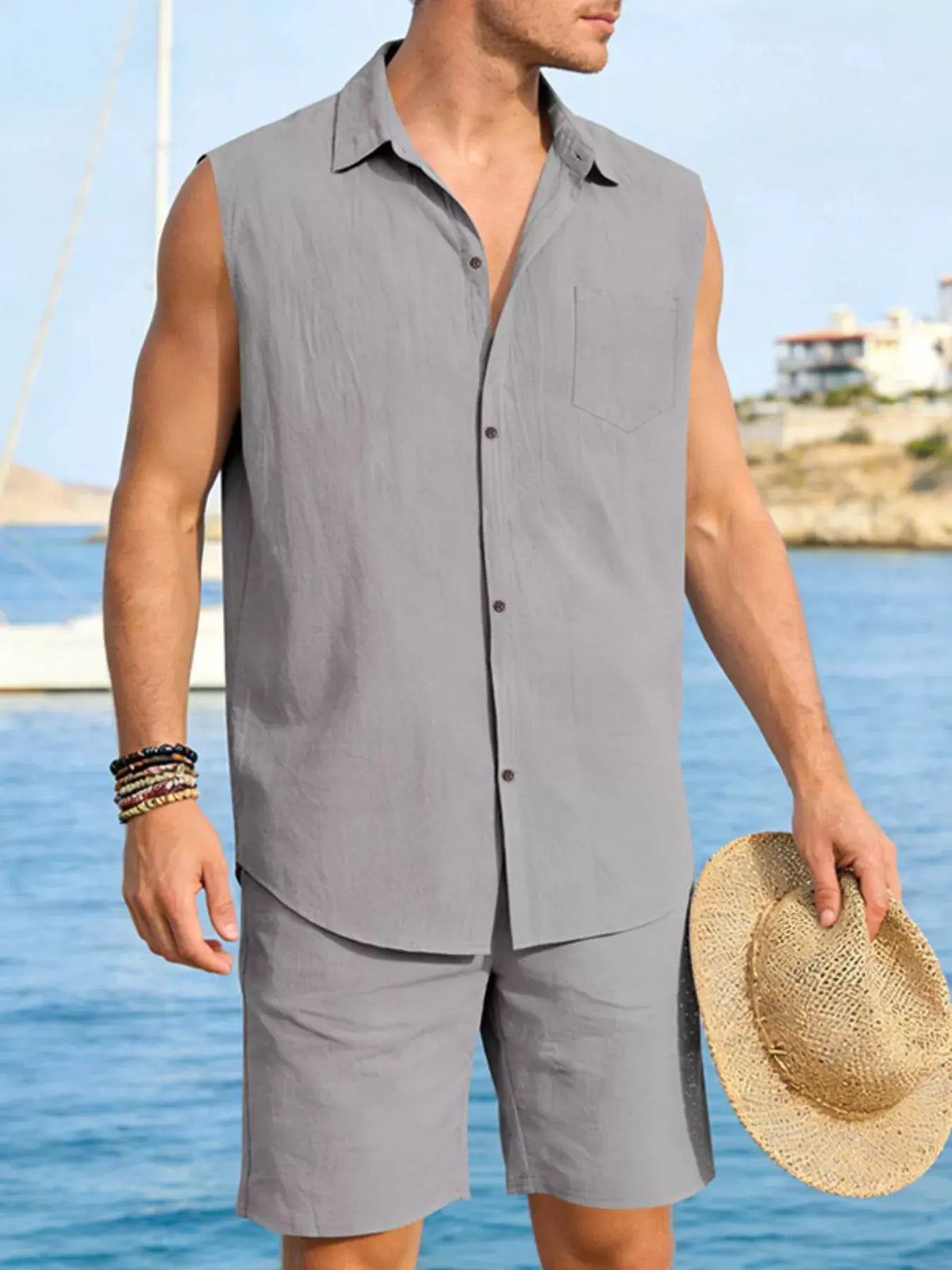 Men's Full Size Button Up Sleeveless Top and Shorts Plus Size by Trendsi