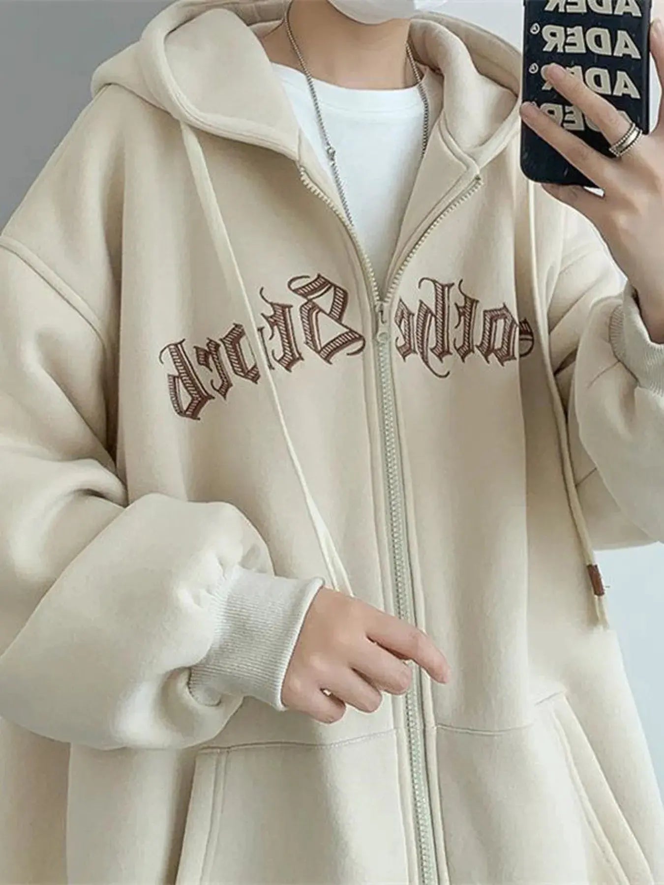 Men's Plus Size Letter Zip Up Drawstring Hoodie by Trendsi