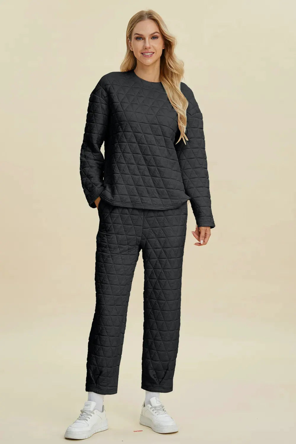 Double Take Full Size Texture Round Neck Long Sleeve Top and Pants Set by Double Take