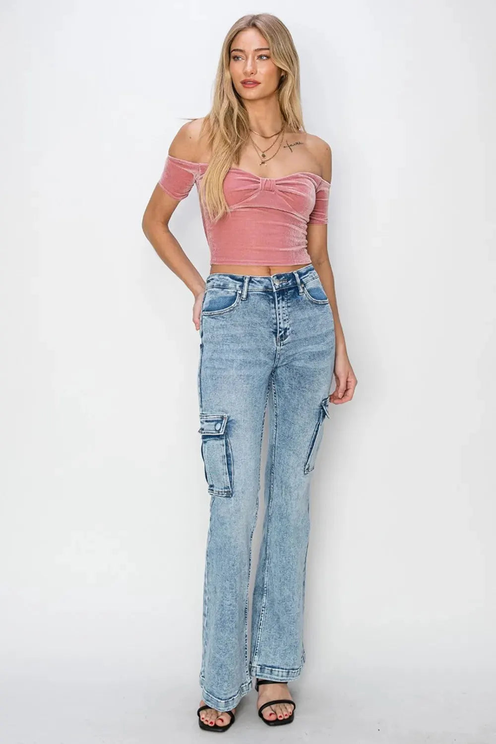 RISEN Full Size High Rise Cargo Flare Jeans by RISEN