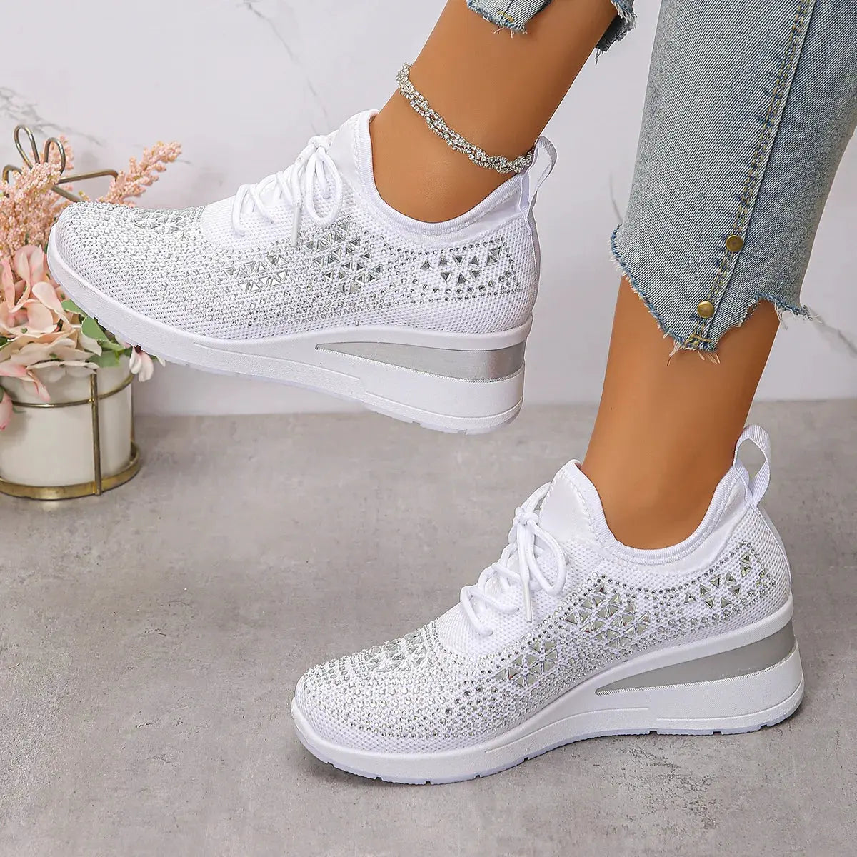 Breathable Mesh Rhinestone Wedge Athletic Sneakers by Partner Label