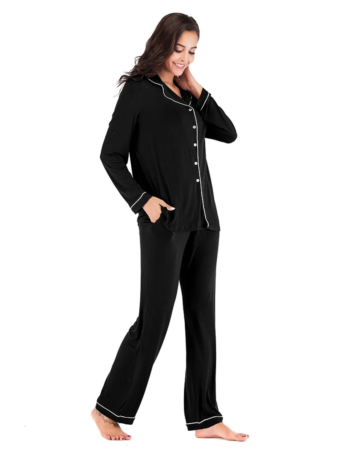 Collared Neck Long Sleeve Loungewear Set with Pockets by Partner Label