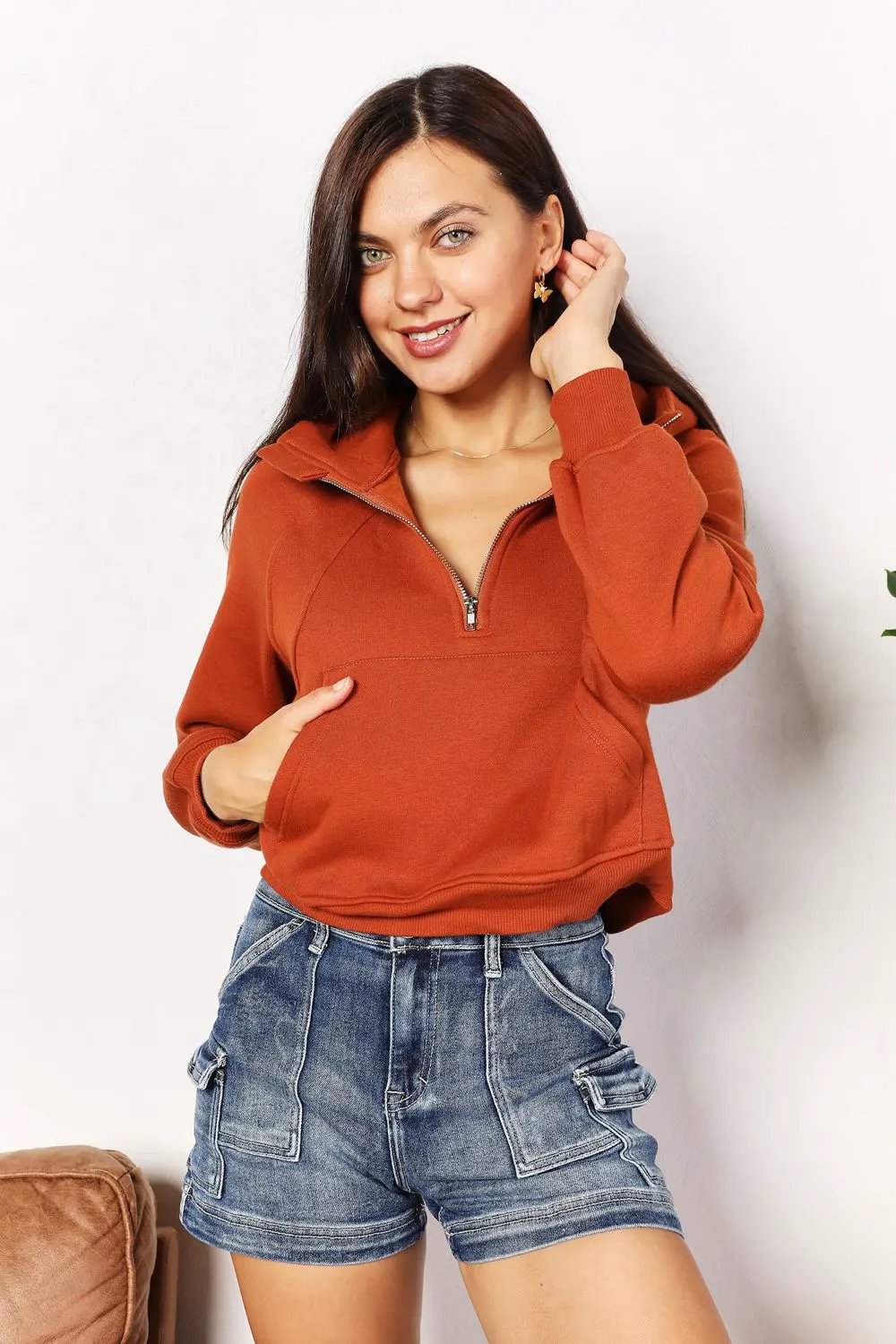 Double Take Half-Zip Long Sleeve Hoodie by Double Take