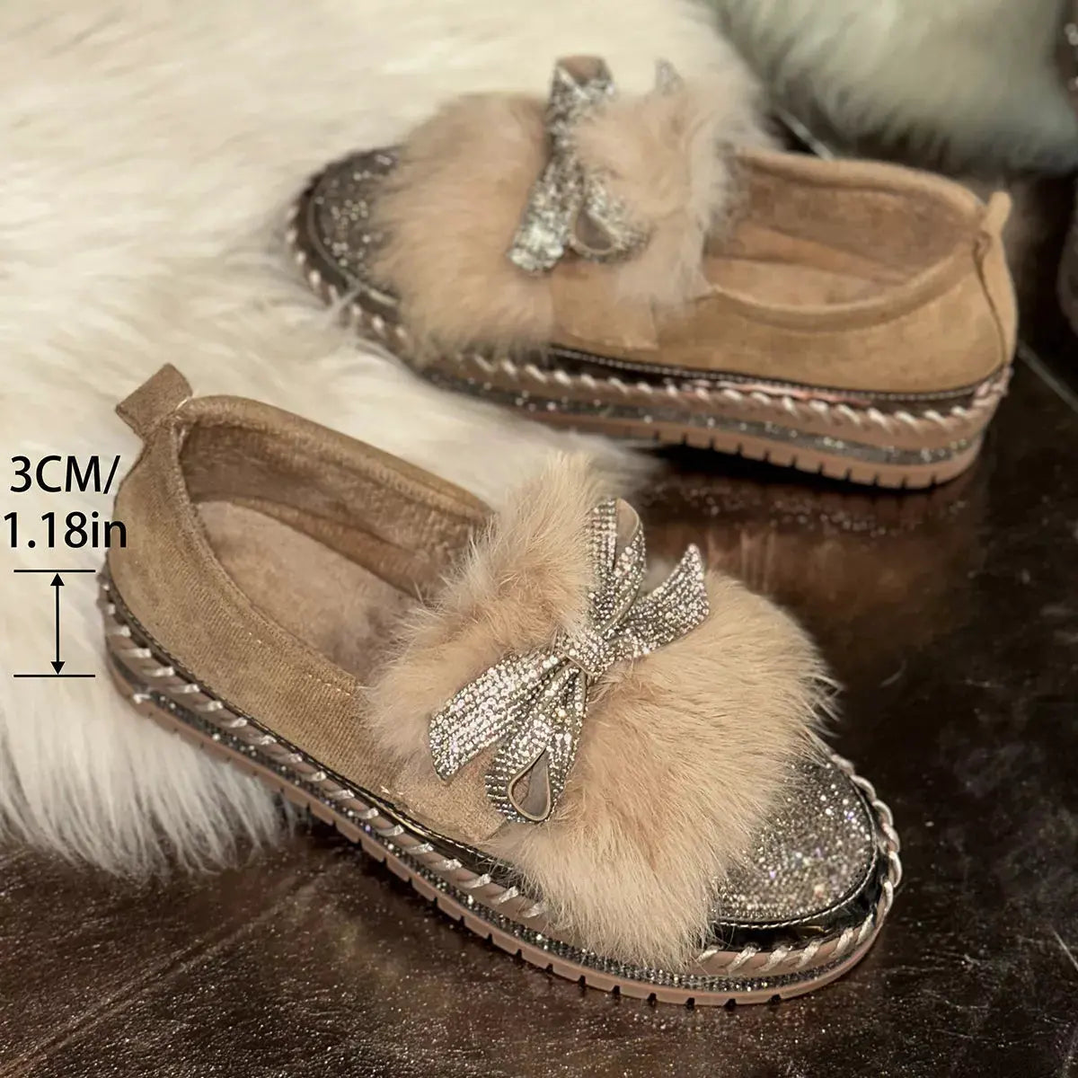 Fuzzy Bowknot Rhinestone Platform Loafers by Partner Label