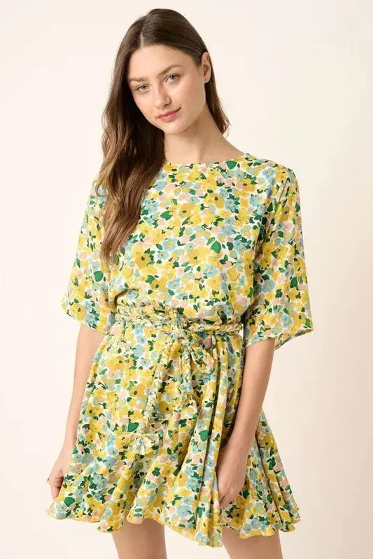 Mittoshop Floral Tie Waist Half Sleeve Mini Dress by Mittoshop