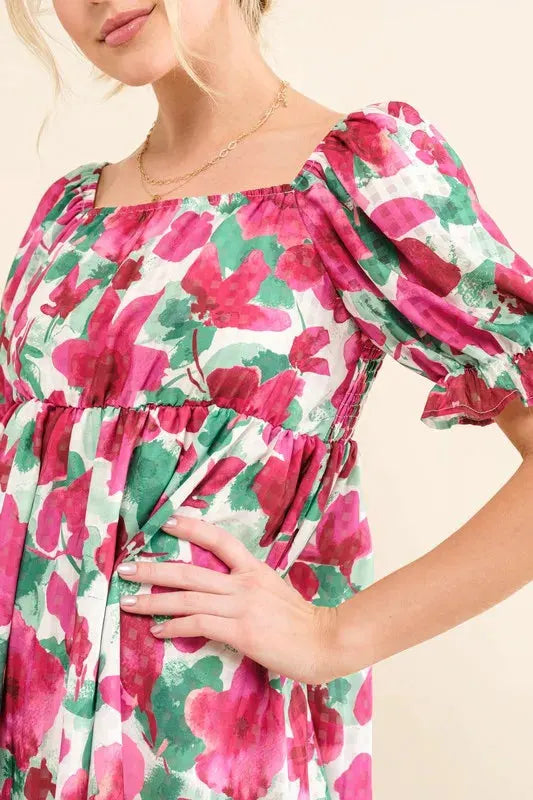 And The Why Smocked Floral Ruffle Short Sleeve Mini Dress by And The Why