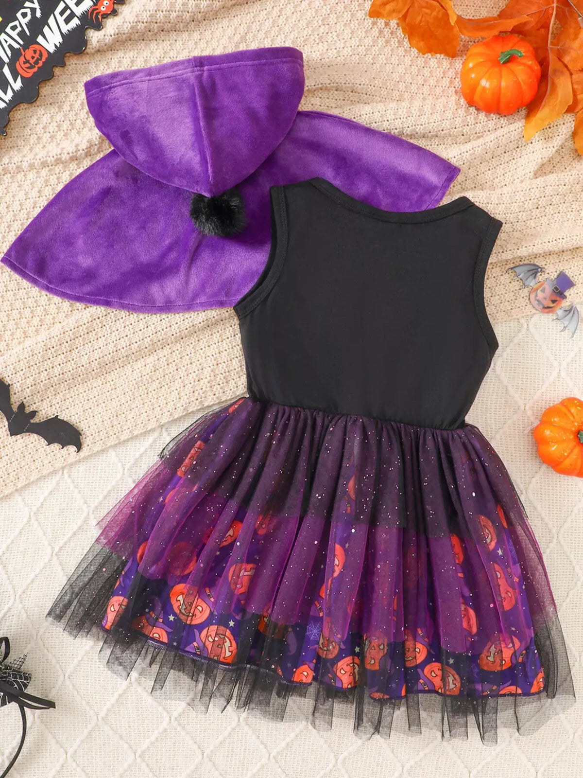 Children's Halloween Hooded Cape and Printed Dress Witch Costume Set by Trendsi