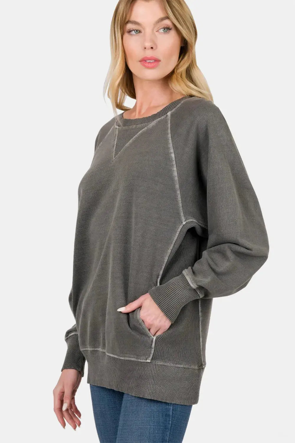 Zenana Round Neck Long Sleeve Sweatshirt by Zenana