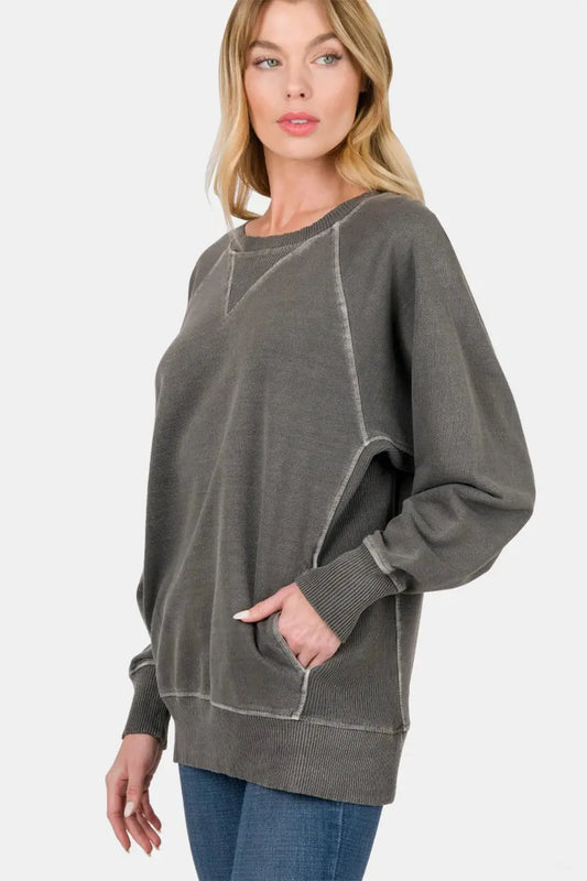 Zenana Round Neck Long Sleeve Sweatshirt by Zenana