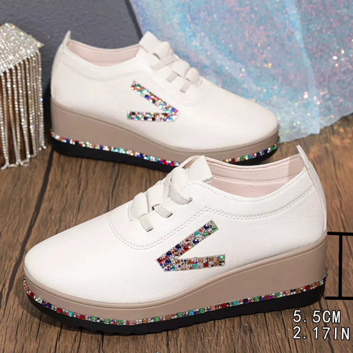 Rhinestone Round Toe Wedge Sneakers by Partner Label