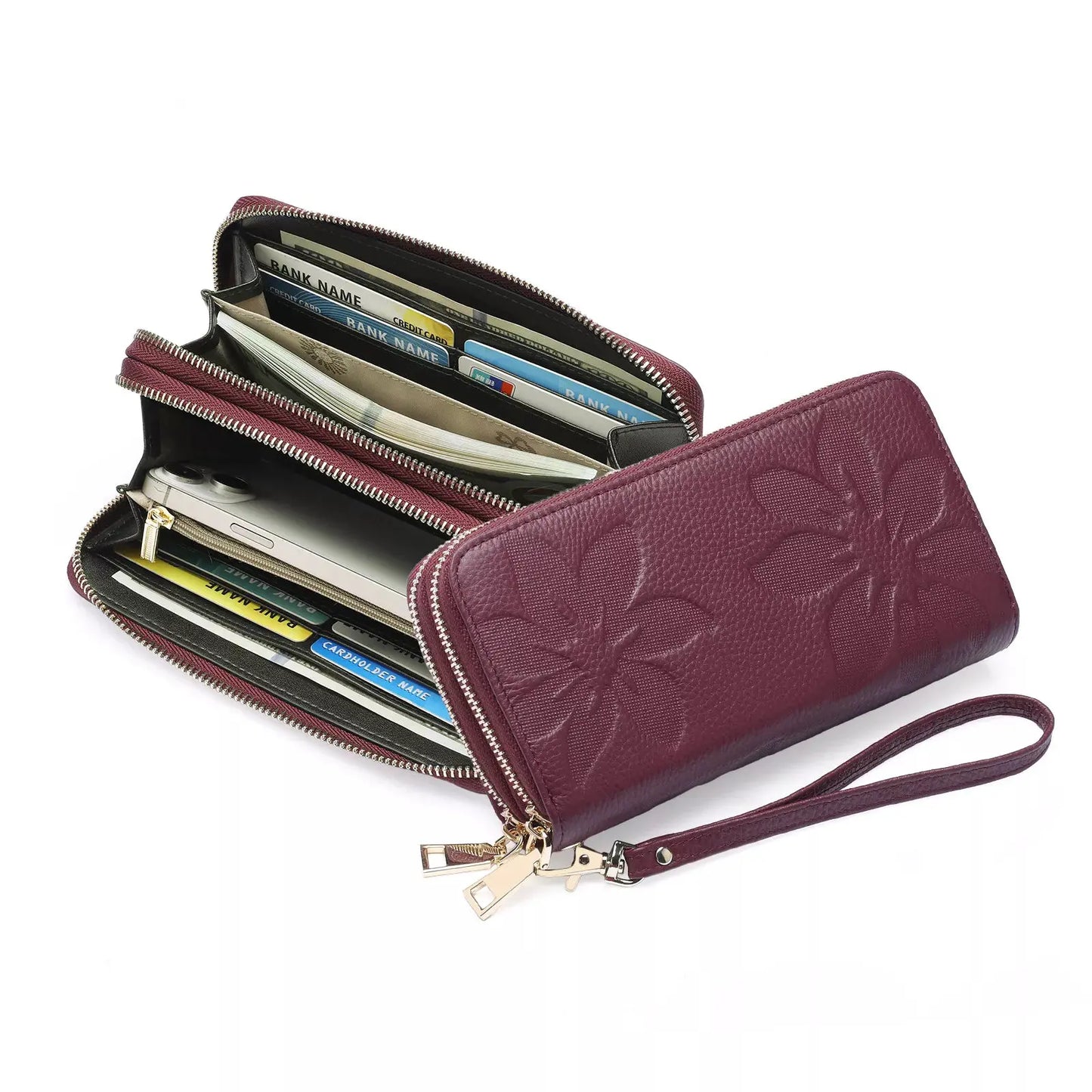 Floral Embossed Leather Zipper Wallet by Partner Label