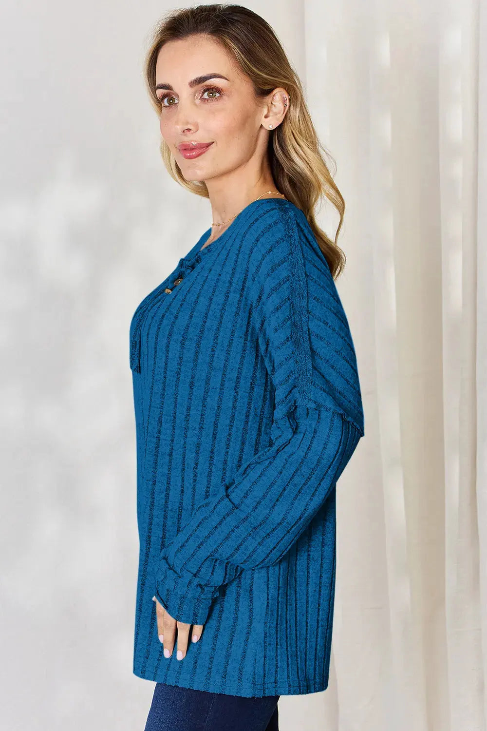 Basic Bae Full Size Ribbed Half Button Long Sleeve T‑Shirt | Partner Labels Selection by Partner Label