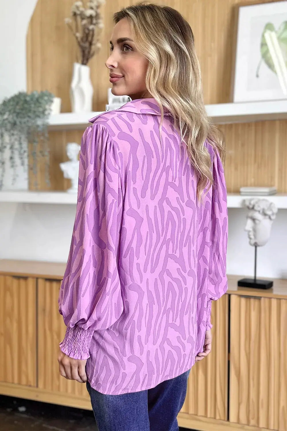 Double Take Full Size Printed Smocked Long Sleeve Blouse Plus Size by Double Take