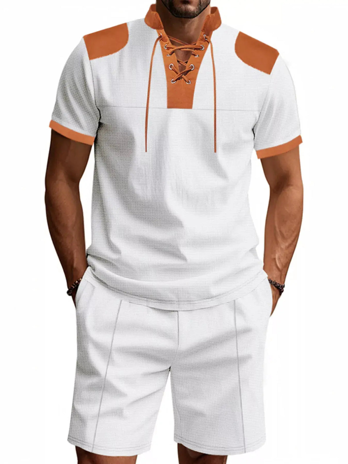 Men's Full Size Lace-Up Collar Casual Top and Shorts Set Plus Size by Trendsi