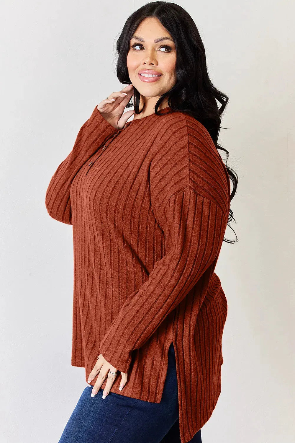 Basic Bae Full Size Ribbed Half Button Long Sleeve High-Low T-Shirt by Basic Bae