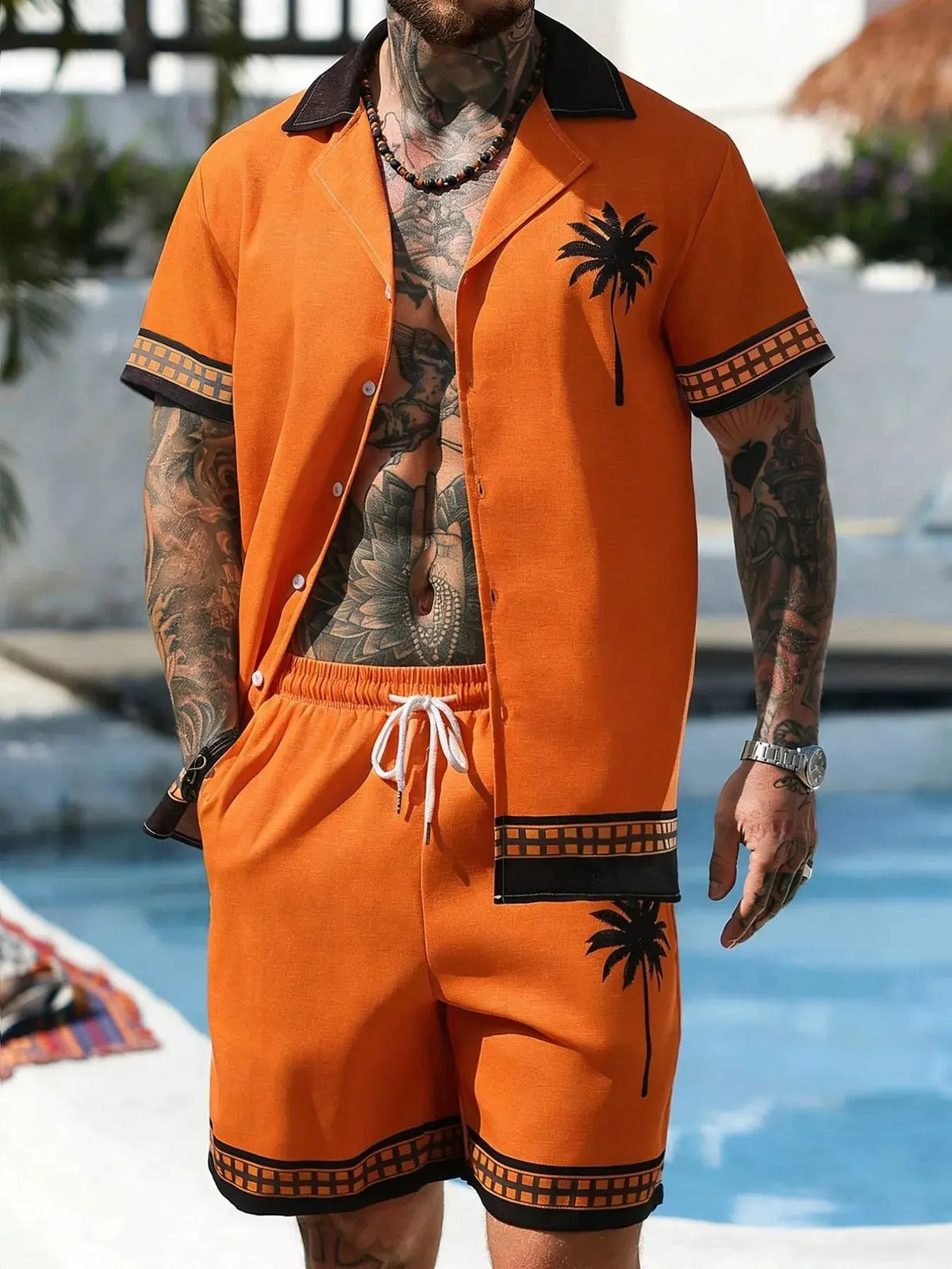 Men's Tropical Palm Tree Print Short Sleeve Shirt and Shorts Set by Trendsi