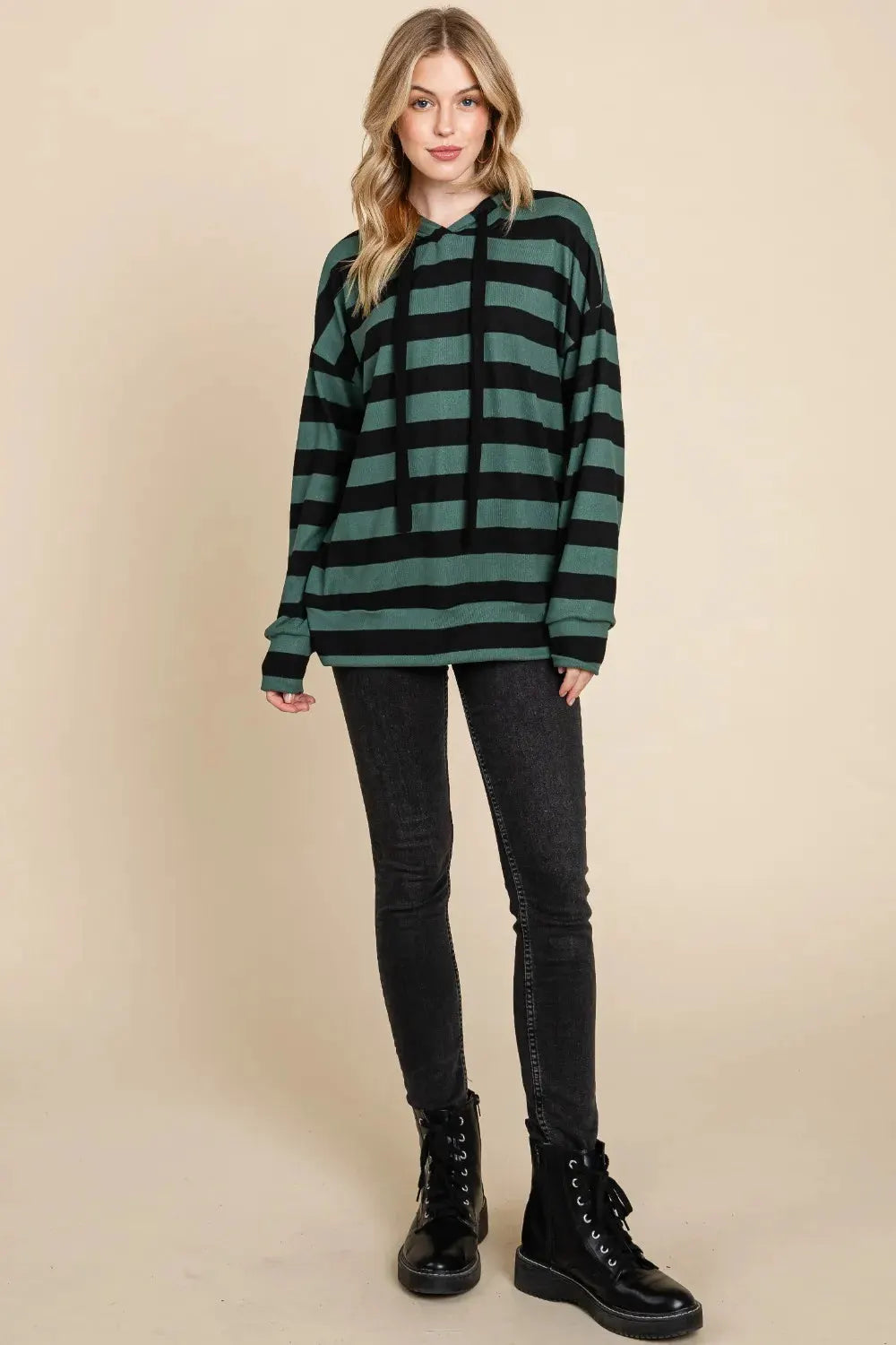 BOMBOM Drawstring Striped Dropped Shoulder Hoodie by BOMBOM