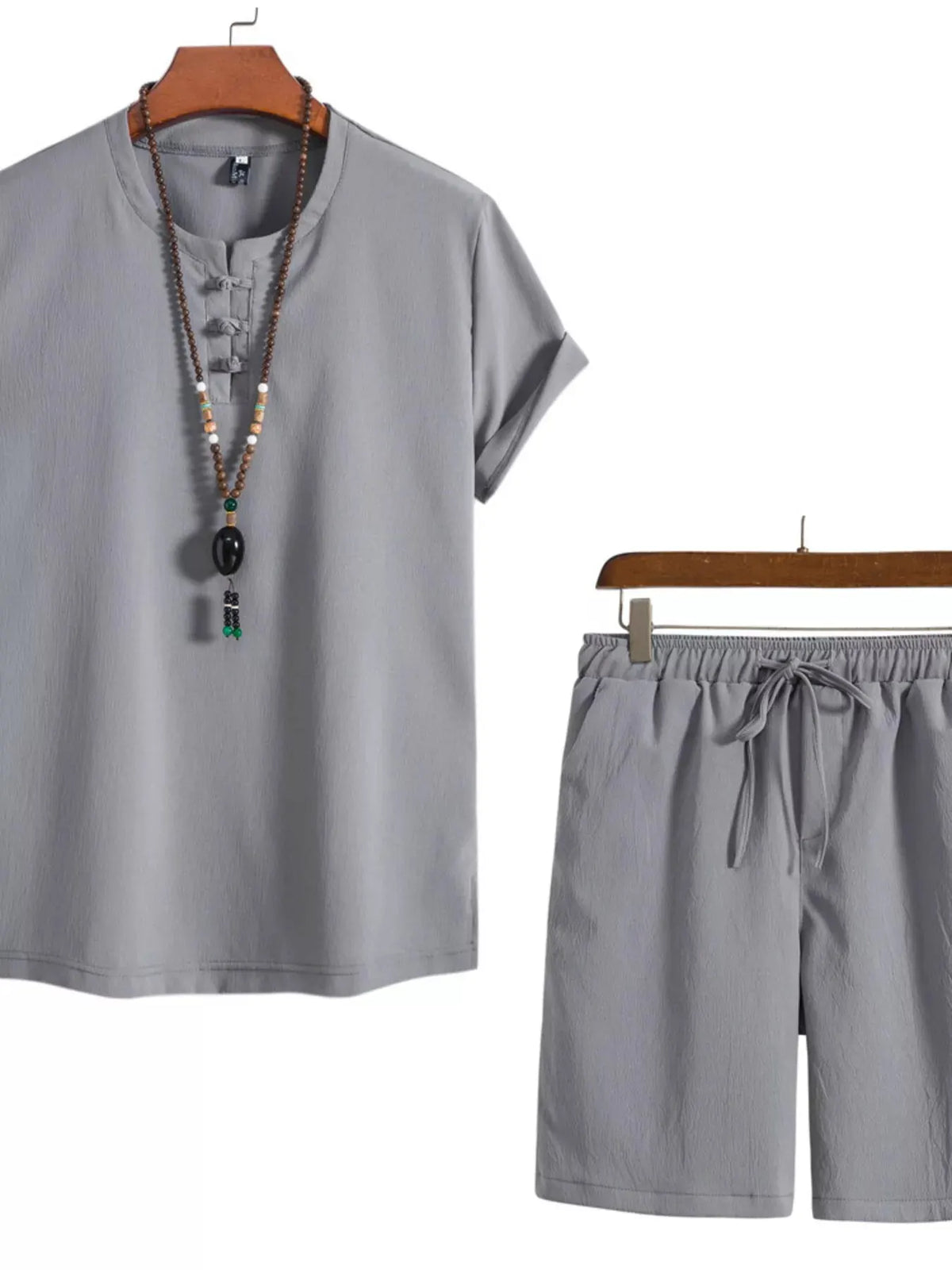 Men's Plus Size Mandarin Collar Short Sleeve Shirt and Shorts Set by Trendsi