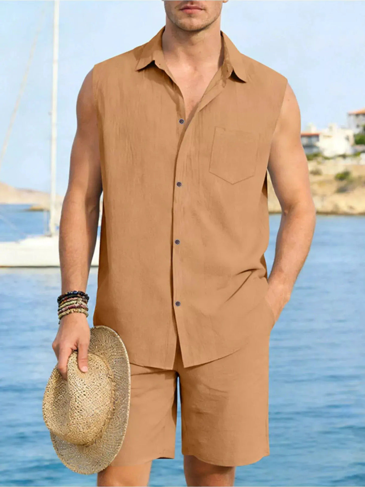 Men's Full Size Button Up Sleeveless Top and Shorts Plus Size by Trendsi