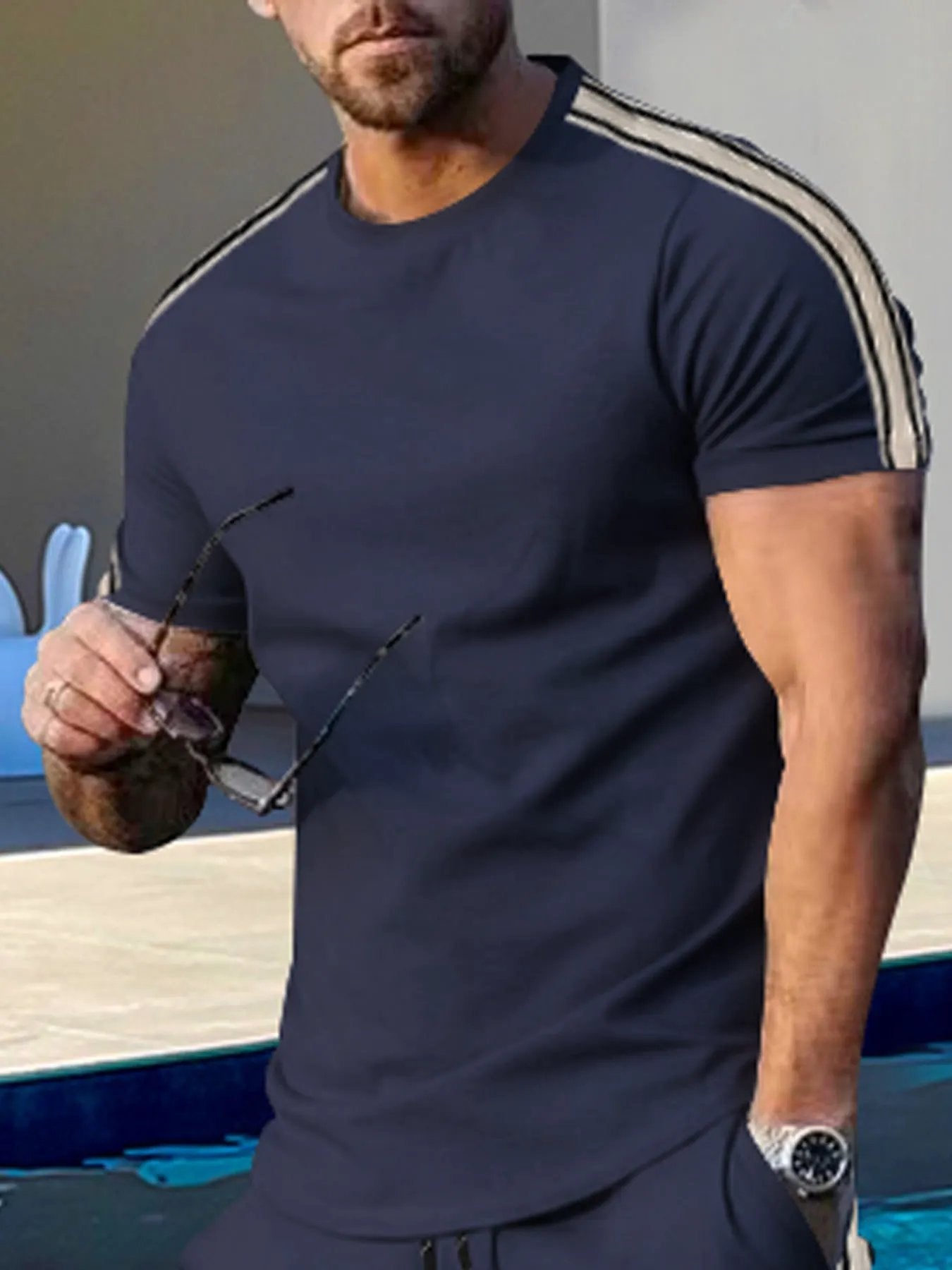 Men's Full Size Striped Shoulder Casual T-Shirt Plus Size by Trendsi
