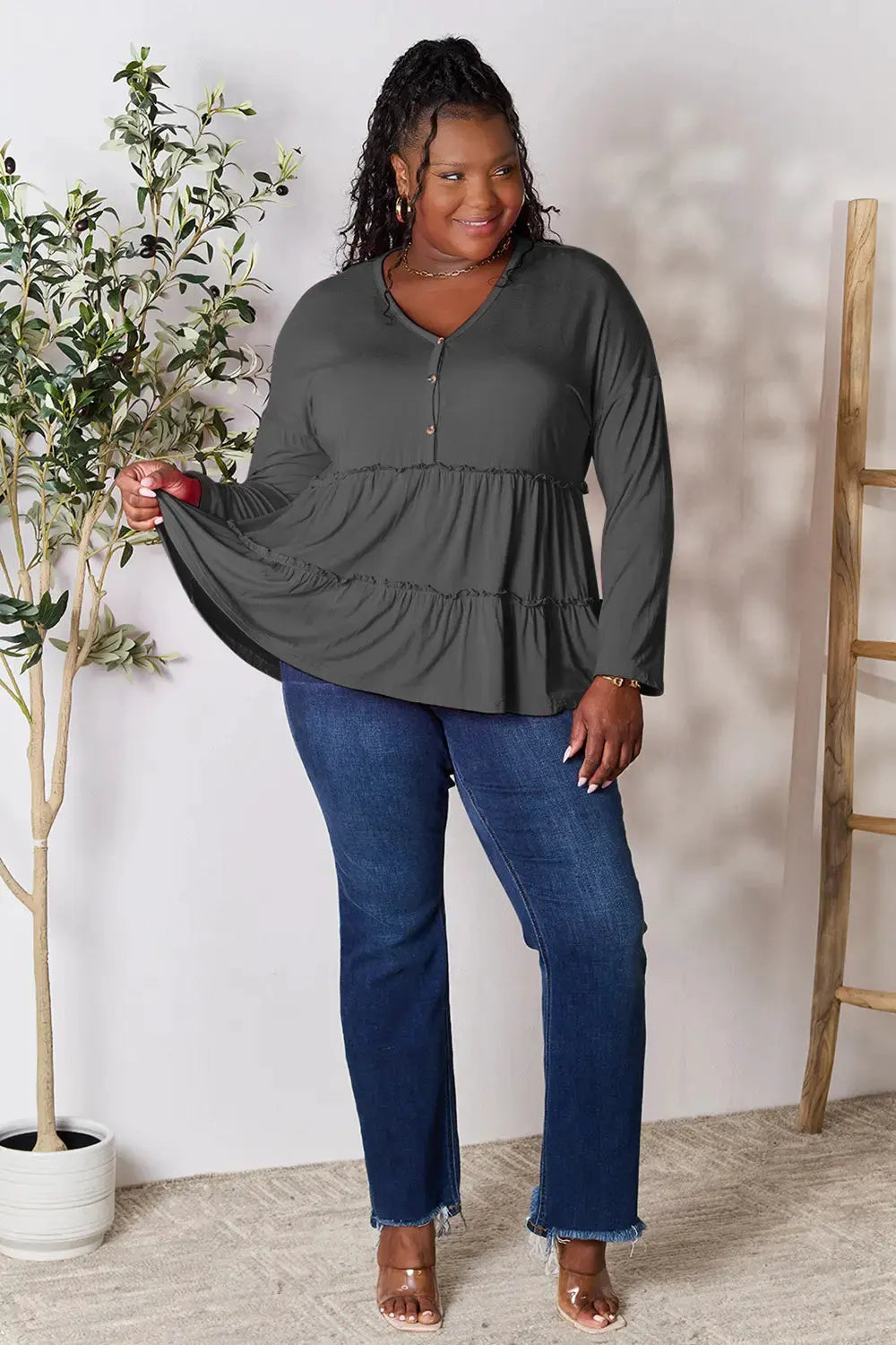 Double Take Half Button Long Sleeve Ruffle Hem Blouse by Double Take
