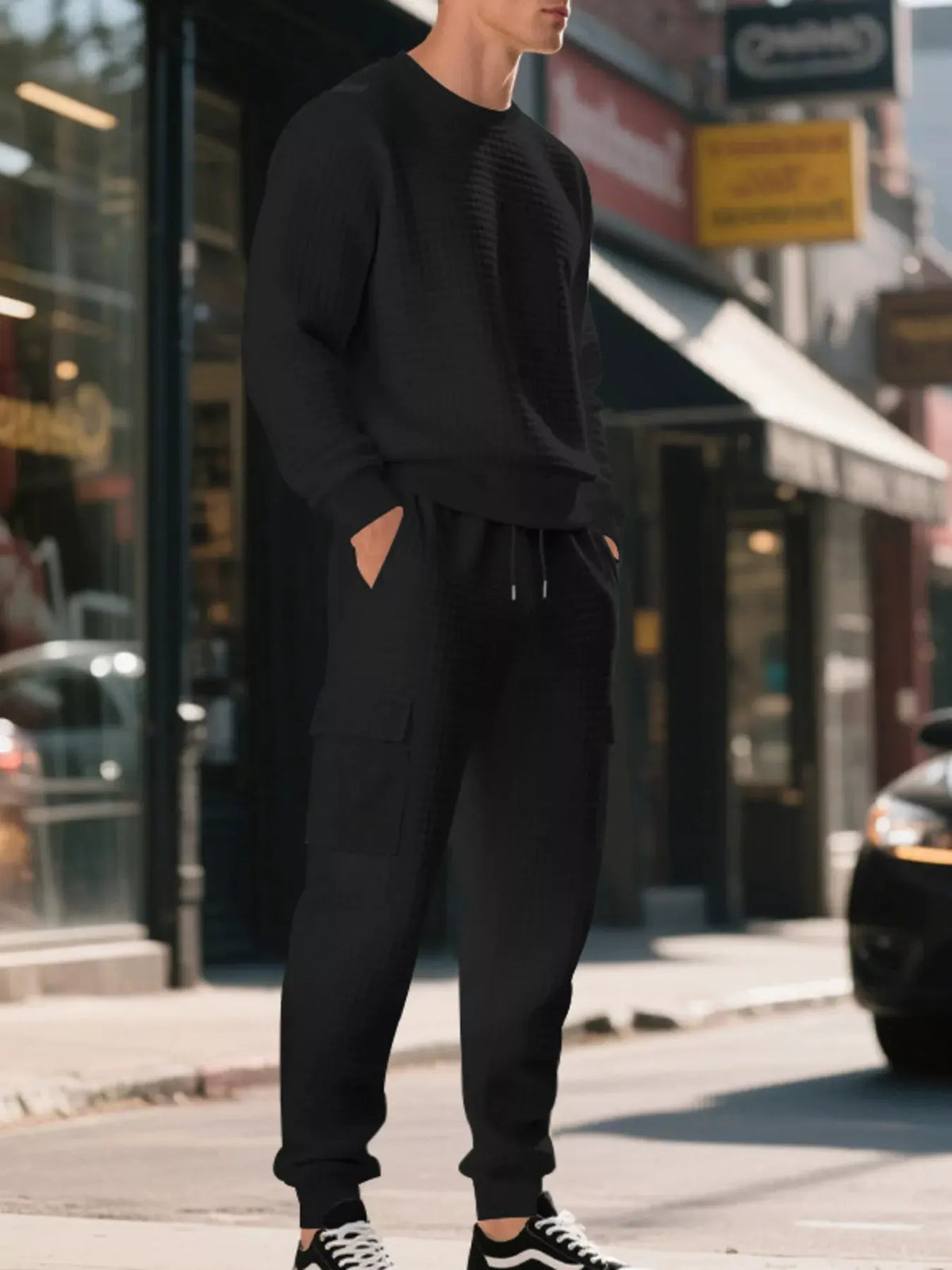 Men's Plus Size Waffle Knit Textured Crewneck Sweatshirt and Jogger Set by Trendsi