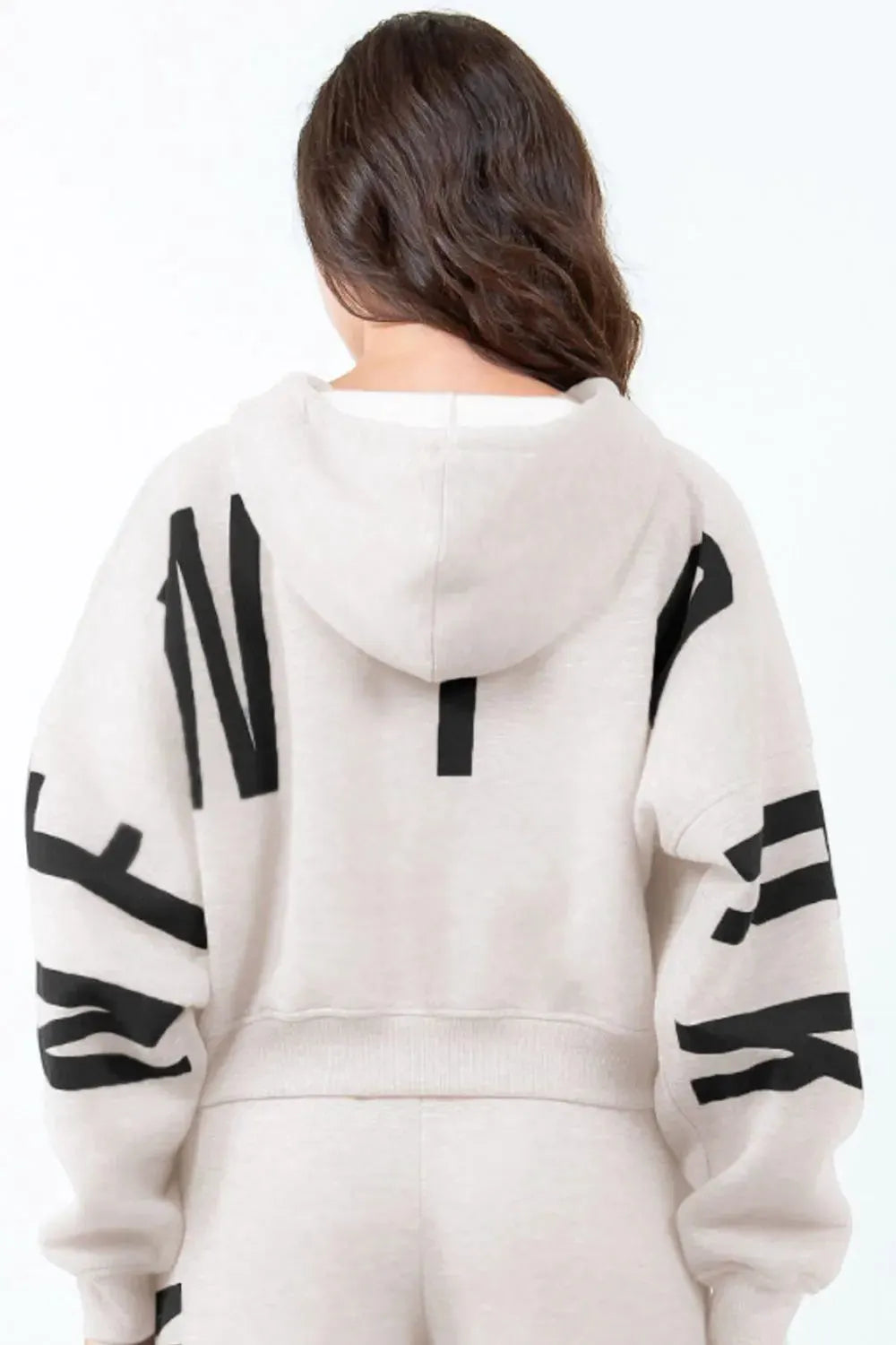 American Bazi Letter Graphic Long Sleeve Drawstring Cropped Hoodie by American Bazi