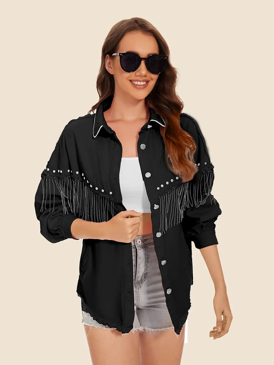 Raw Hem Fringe Detail Denim Jacket by Partner Label