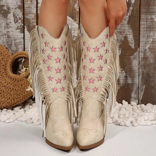 Star Fringe Block Heel Boots by Partner Label