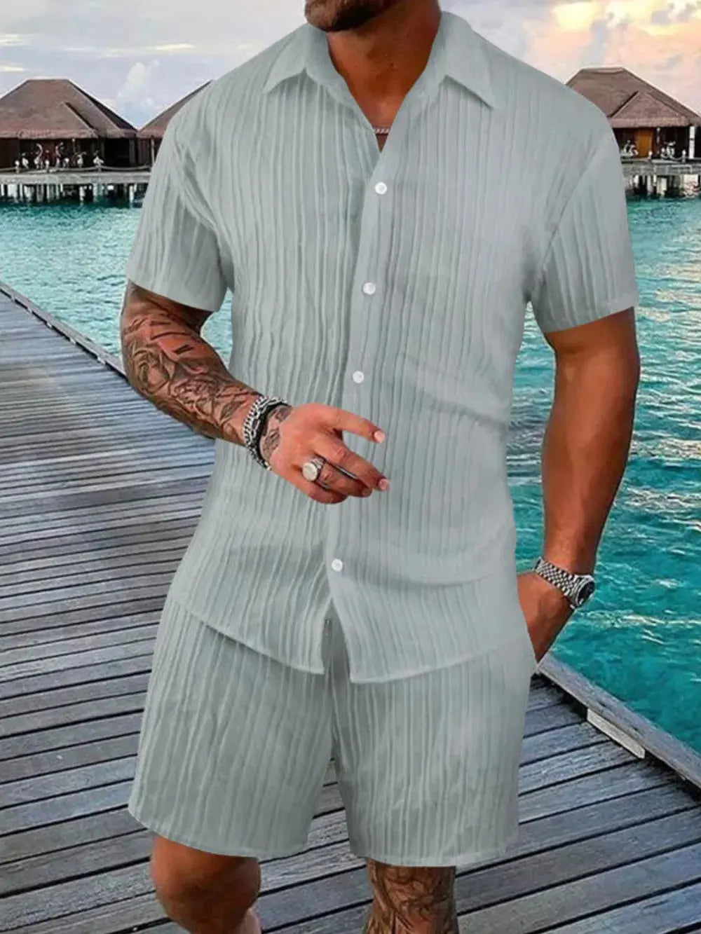 Men's Full Size Button Down Short Sleeve Shirt and Shorts Set Plus Size by Trendsi