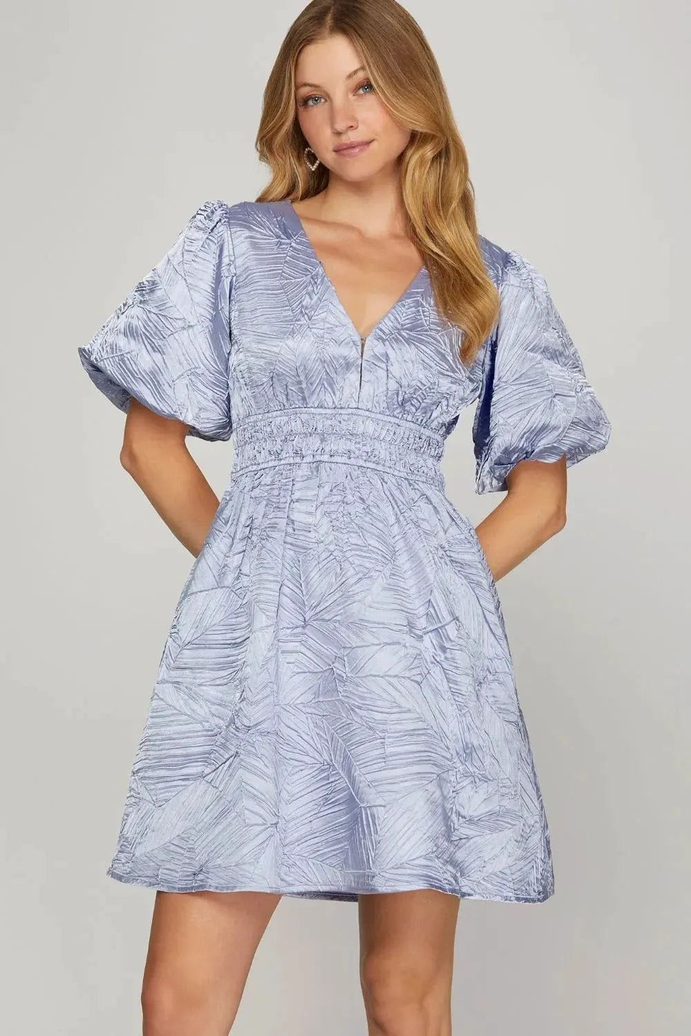 She + Sky Crinkle Woven V-Neck Balloon Sleeve Mini Dress by She + Sky