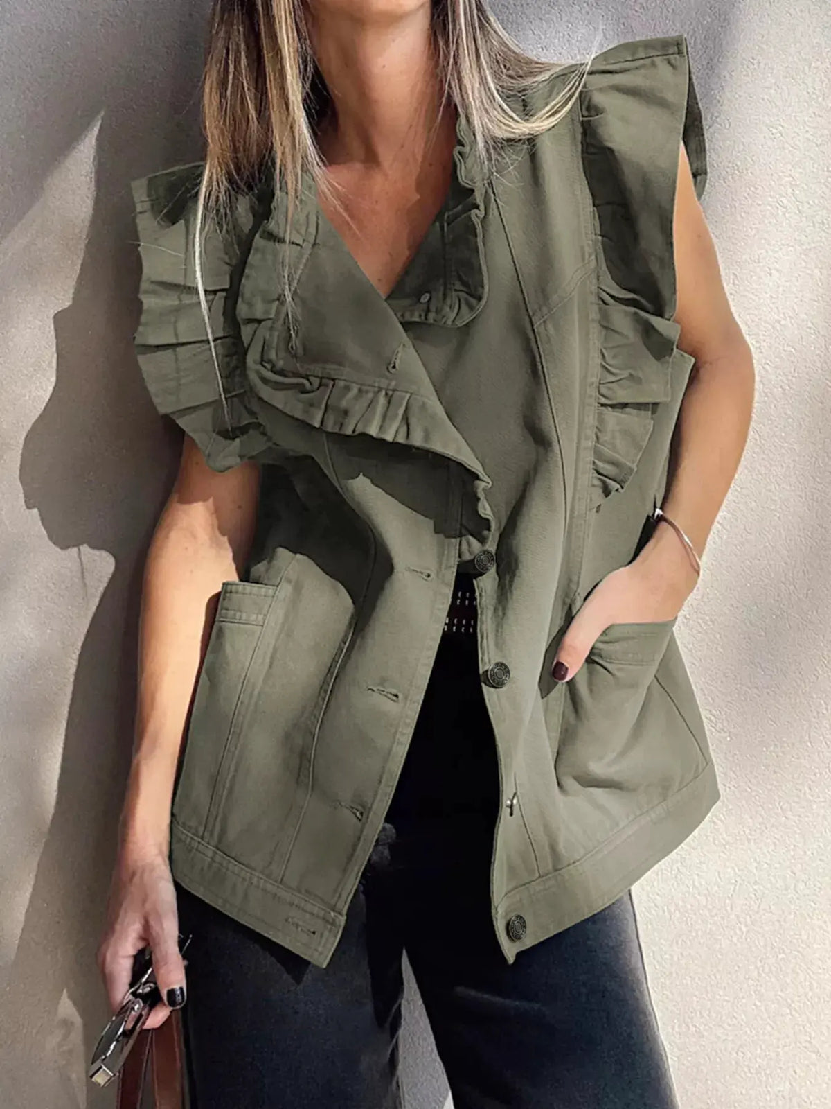 Ruffled Patchwork Denim Jacket Vest by Partner Label