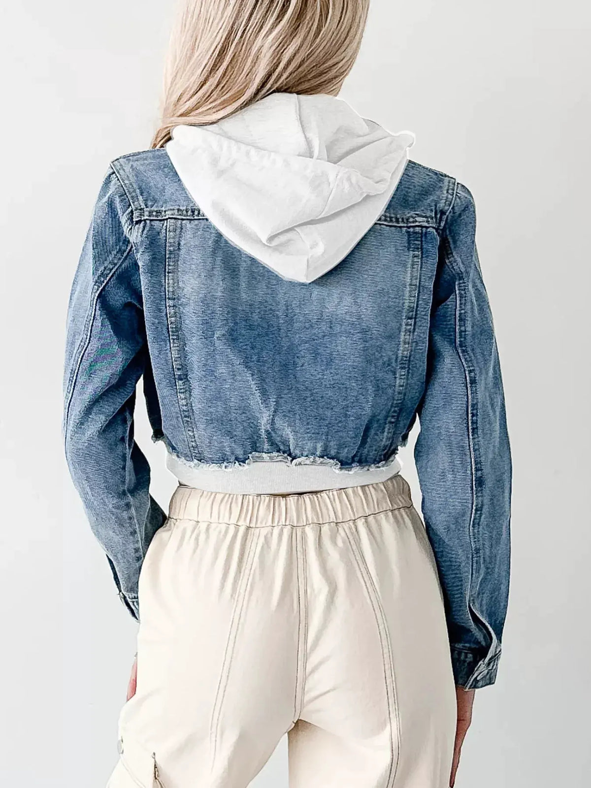 Distressed Zip Up Cropped Hooded Denim Jacket by Partner Label