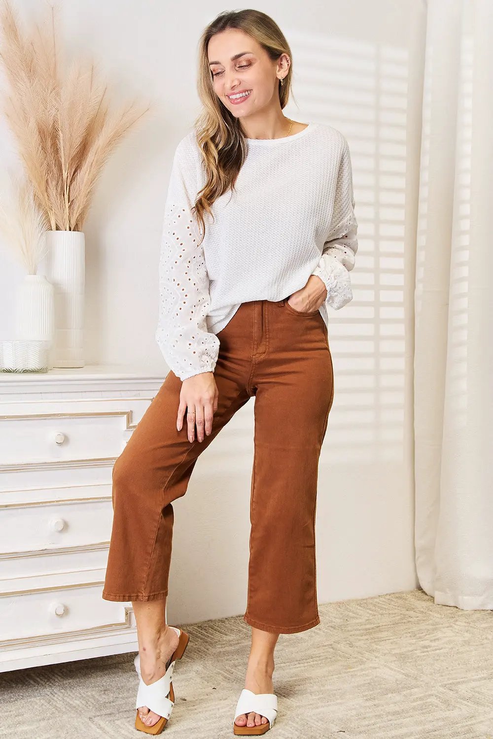 Shiny Eyelet Dropped Shoulder Round Neck Blouse by Shiny