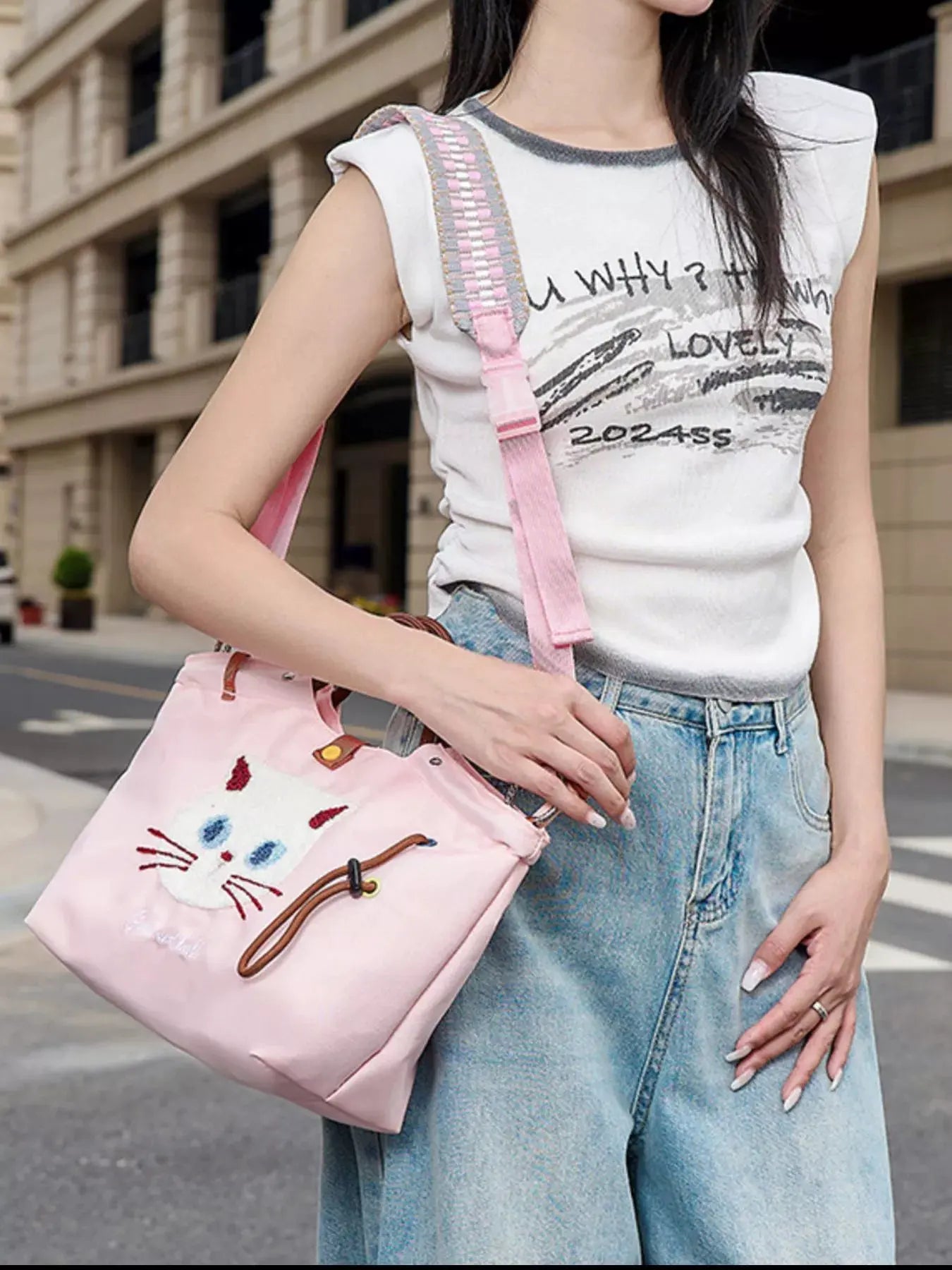 Embroidered Cat Tote Bag with Adjustable Shoulder Strap by Partner Label