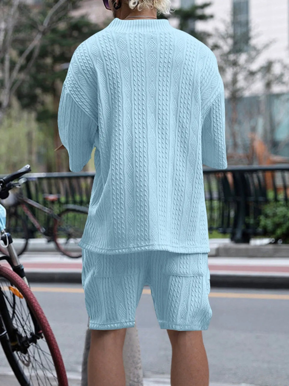 Men's Full Size Casual Knit V-Neck Short Sleeve Top and Shorts Set Plus Size by Trendsi