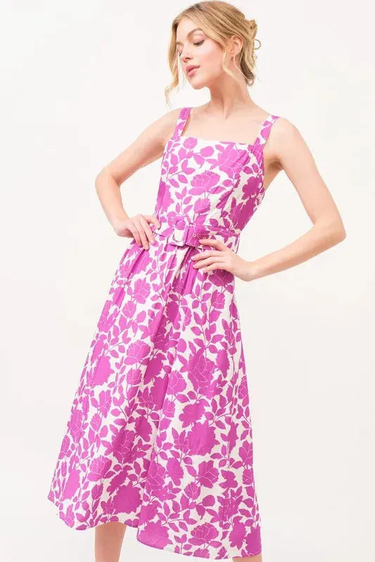And The Why Square Neck Belted Floral Printed Midi Dress by And The Why