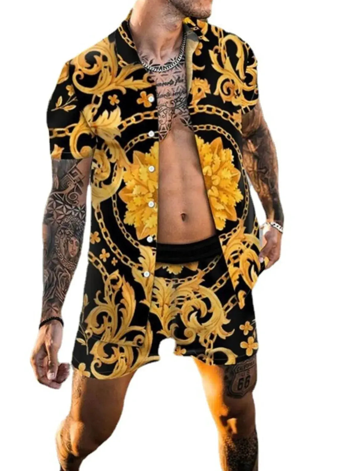 Men's Plus Size Printed Short Sleeve Shirt and Shorts Set by Trendsi
