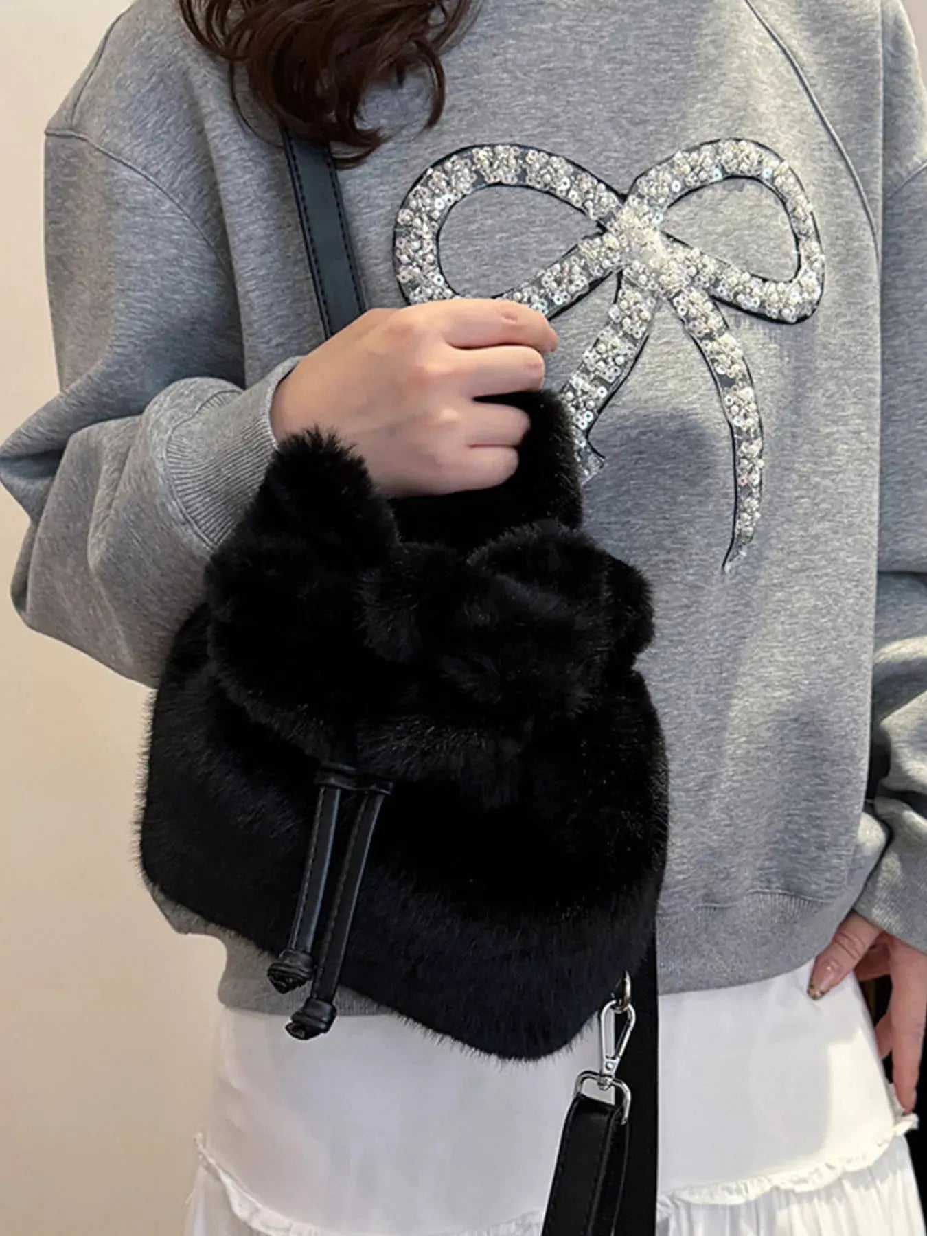 Fuzzy Plush Drawstring Backpack Bag by Partner Label