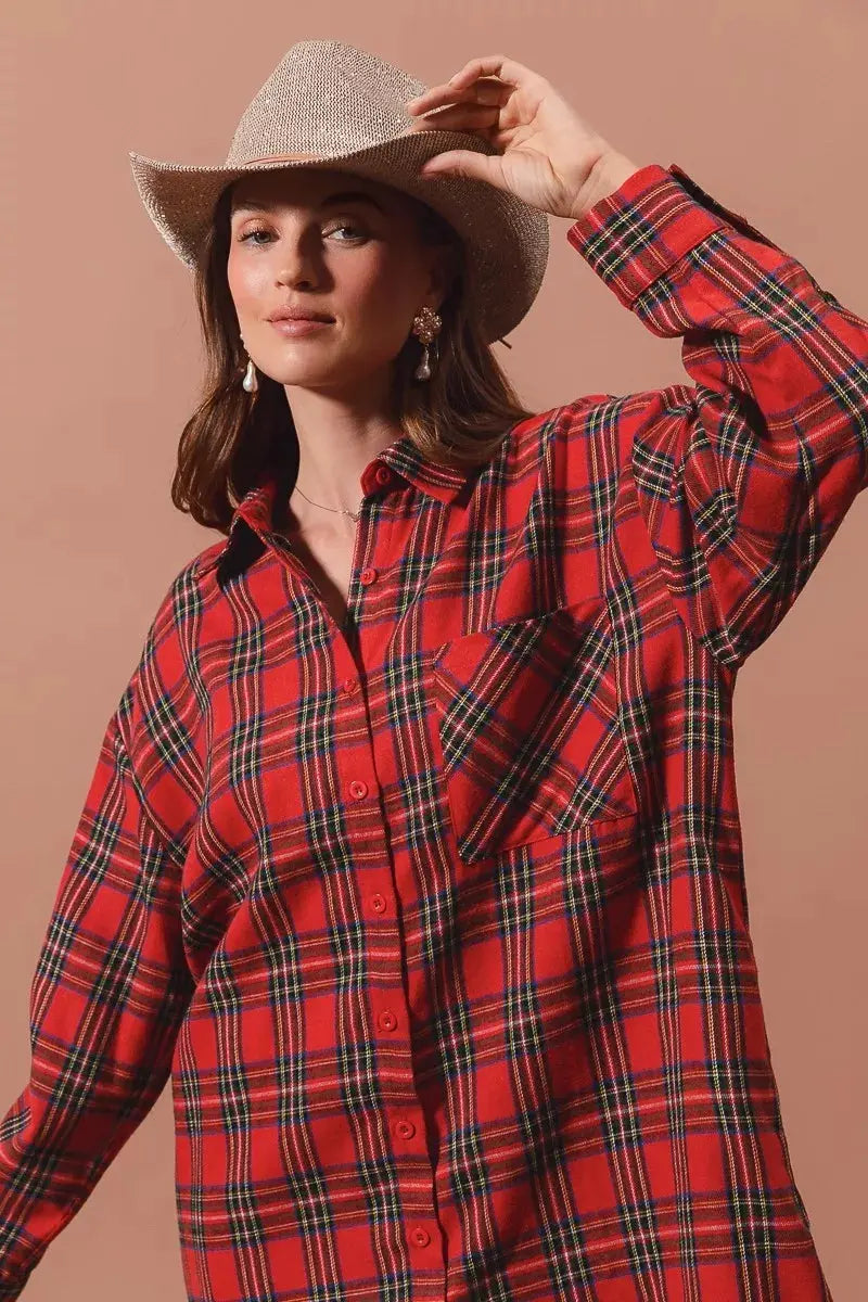 SO ME Christmas Checker Plaid Button Up Shirt Dress by SO ME