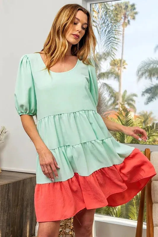 BiBi Two-Tone Balloon Sleeves U Neck Tiered Ruffle Hem Mini Dress by BiBi