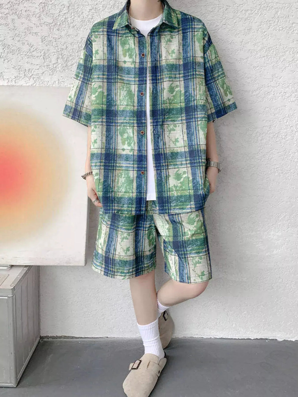 Men's Plus Size Casual Plaid Print Shirt & Shorts Set by Trendsi