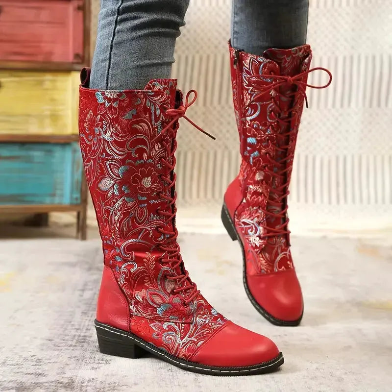 Embroidered Lace-Up Knee High Boots by Partner Label