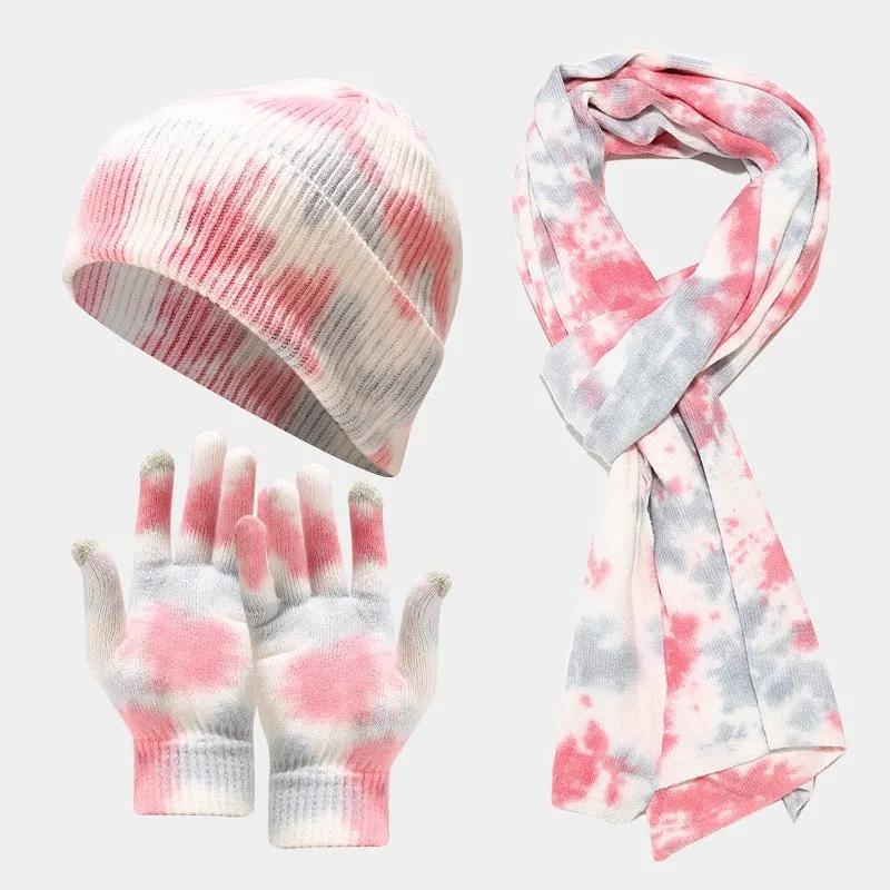 Tie-dye Knitted Hat Gloves Scarf Set Ladies by Maiden-Art