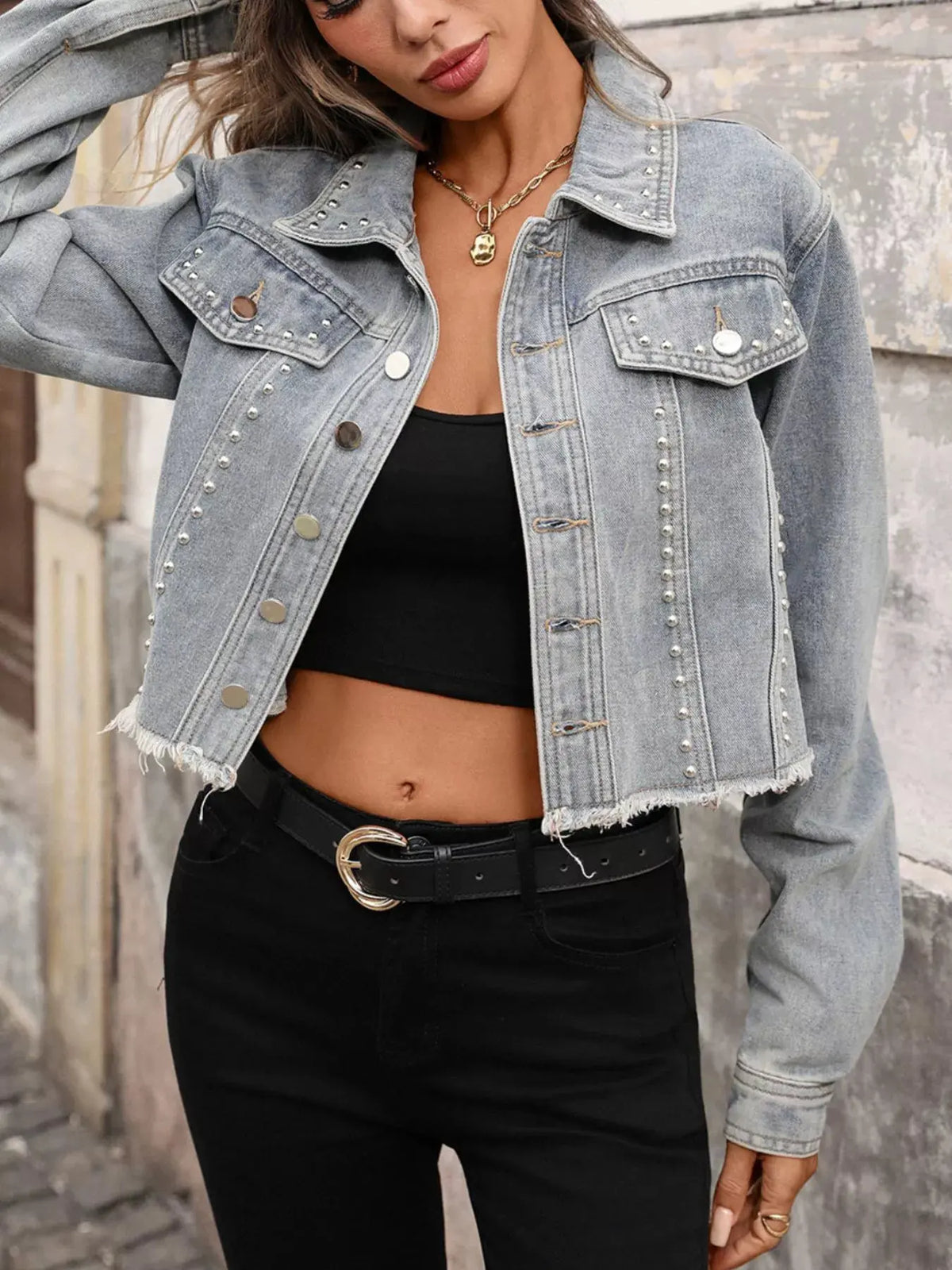 Studded Raw Hem Denim Jacket by Partner Label