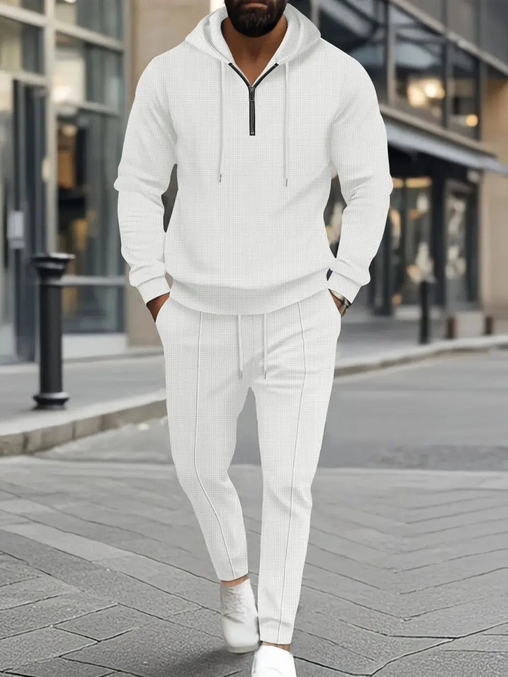 Men's Full Size Waffle-Knit Half Zipper Hoodie and Pants Set Plus Size by Trendsi