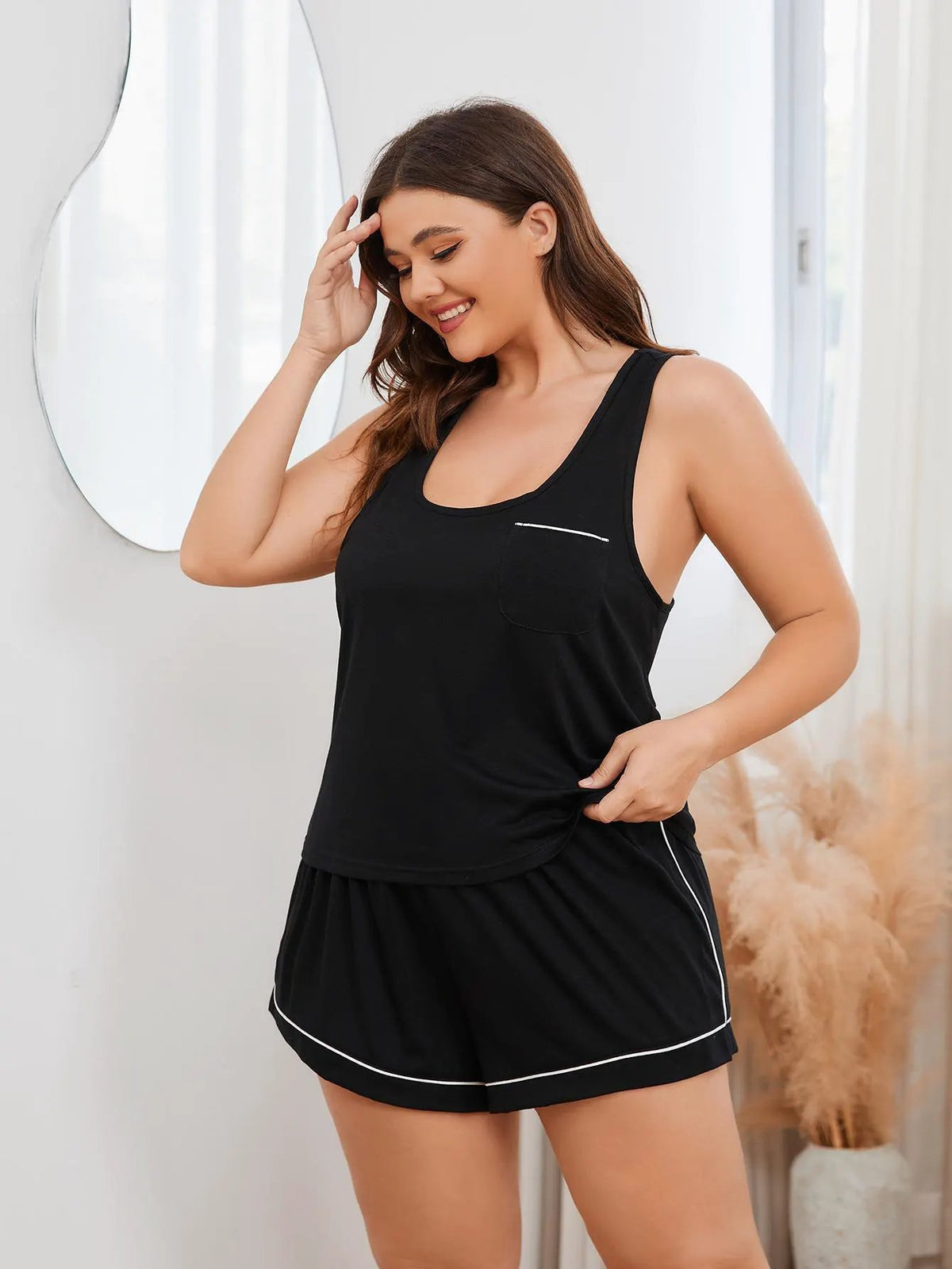 Plus Size Contrast Piping Racerback Tank and Shorts Lounge Set by Partner Label