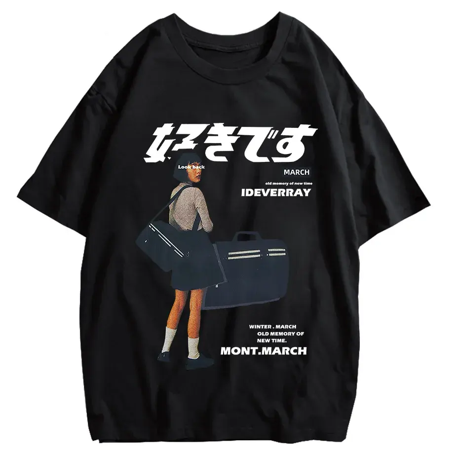 Men's Harajuku Kanji Girl Graphic T-Shirt Japanese Print Cotton Loose Fit Streetwear by Vimost Shop
