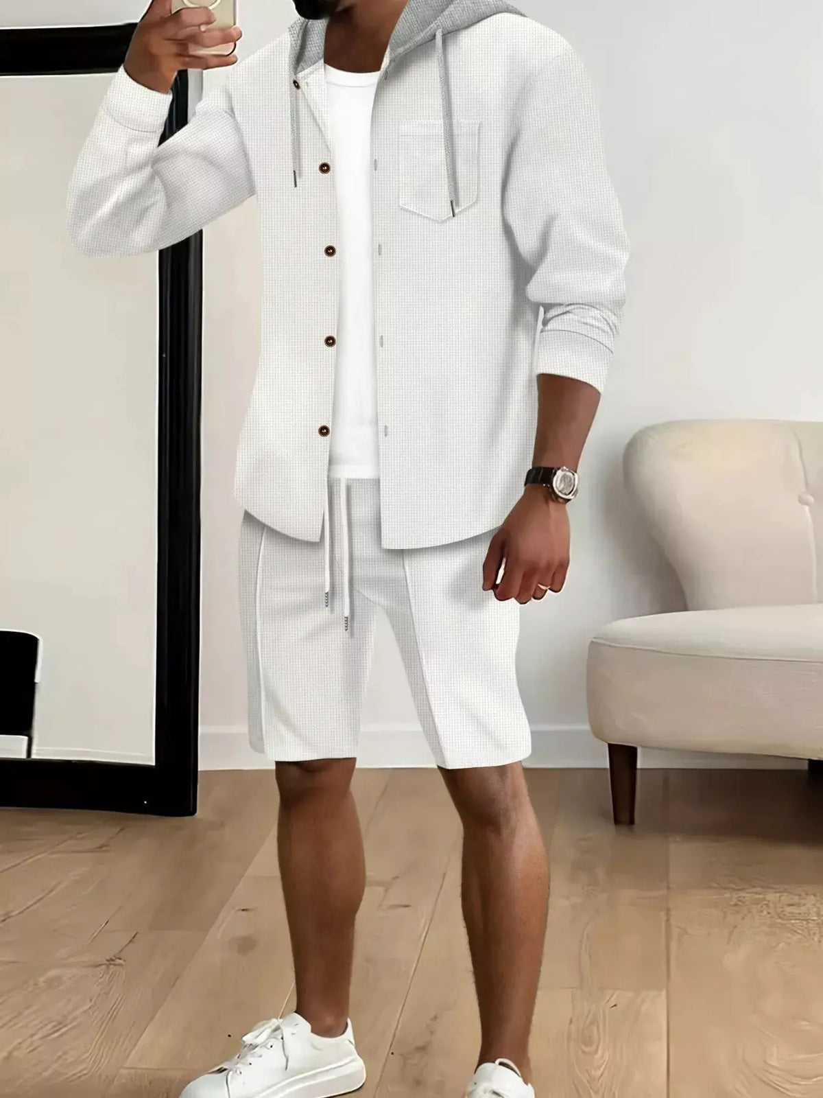 Men's Full Size Casual Hooded Button-Up Top and Shorts Set Plus Size by Trendsi